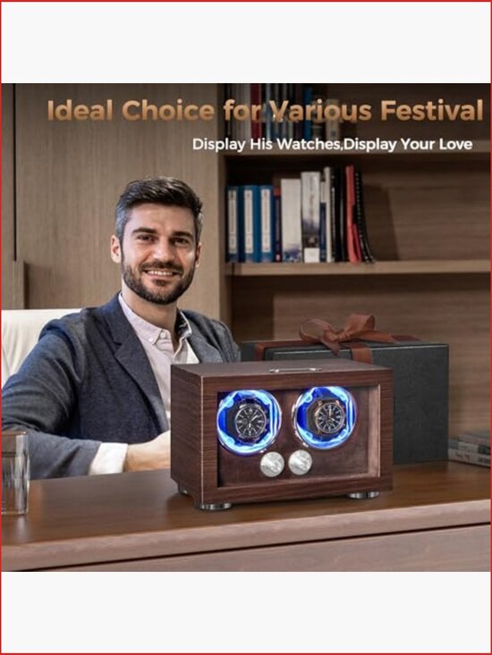 Double Watch Winder Box with LED, Quiet Motor, Type-C Adapter, 4 Rotation Modes main image 6